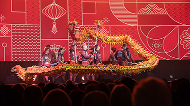 The He Xin Lion & Dragon Arts Troupe performs at the opening general session of the 2024 Rotary International Convention in Singapore.
